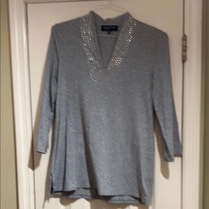 Gray Women's Top with Embellished Neckline